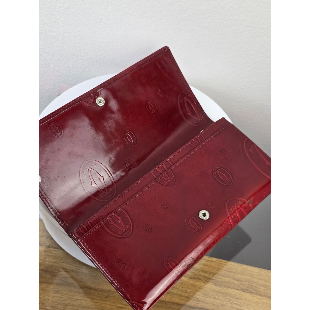 Cartier Happy Birthday Snap Embossed Leather Wallet Burgundy Red Patent Brown